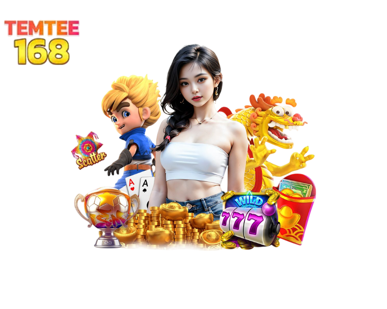 ภาพผู้หญิงแนวคาสิโนล้อมด้วยตัวการ์ตูนโชคลาภ เหรียญทอง และตู้สล็อต 777